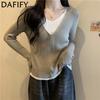 Women's Fashion Casual Fall Winter Solid Color Print Long Sleeve V-Neck Sweaters