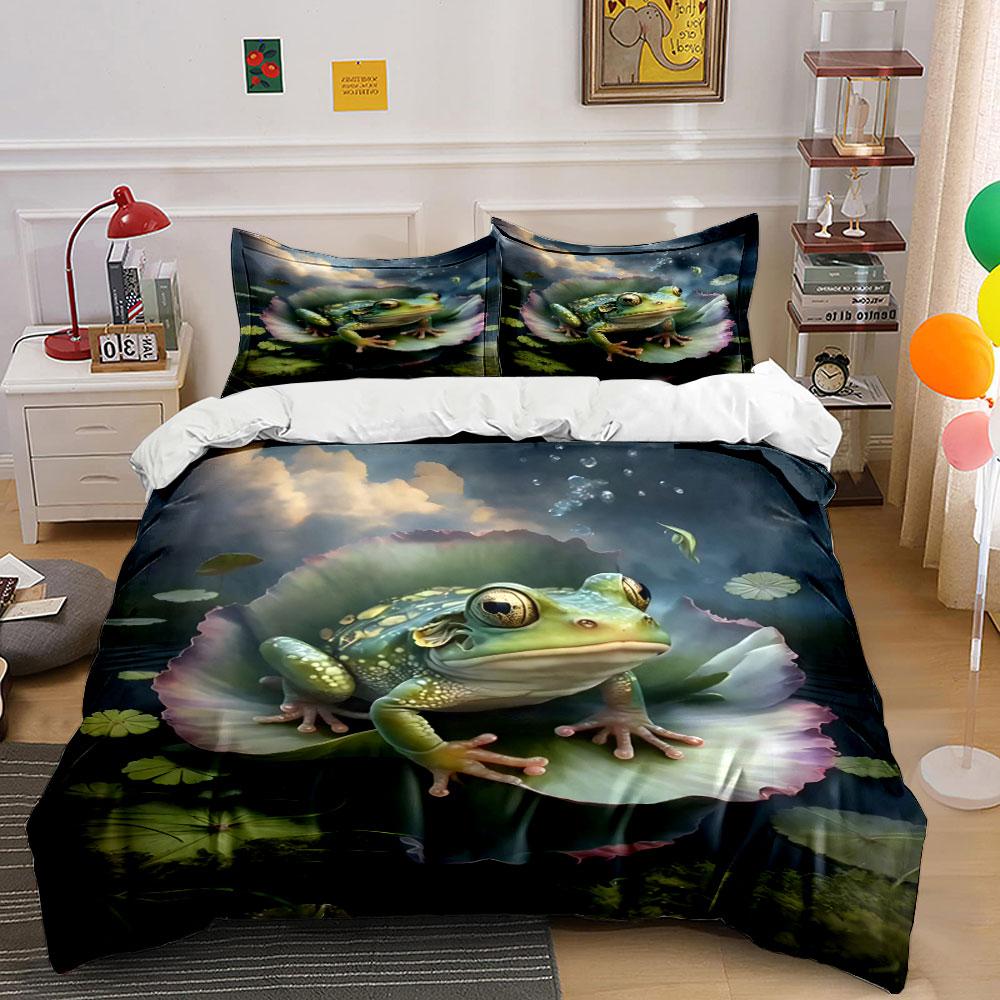Frog resting on lotus leaf serene night Print Bedding Set 1 Duvet Cover 2 Pillowcases for Adult and Children Luxury Gift