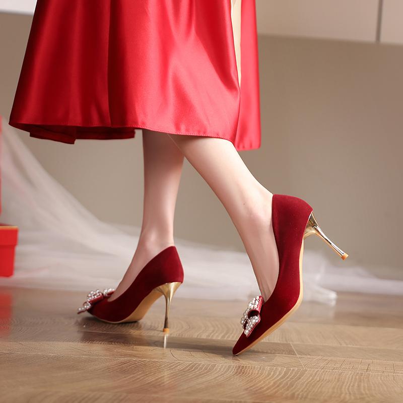Fashion Women's Wedding Shoes Summer New High Heels Pointed Suede Bow Pearl Sandals Fashion Temperament Stiletto Heels Party Shoes