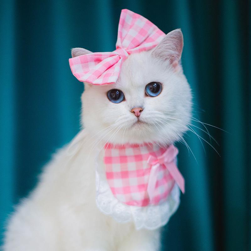 Plaid elastic dog cat pet saliva towel lace lace pet triangle scarf bib supplies