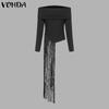 VONDA Женские винтажные обтягивающие однотонные футболки с открытыми плечами и длинным рукавом