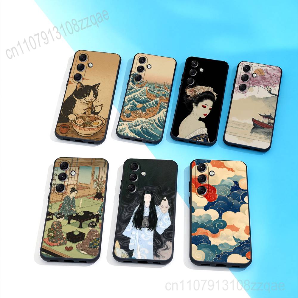J-Japan Style Ukiyo-e Cool Phone Case For Samsung Galaxy A 73,72,51,53,52,71,22,5G,Note,J7,8,9 Soft Black Cover