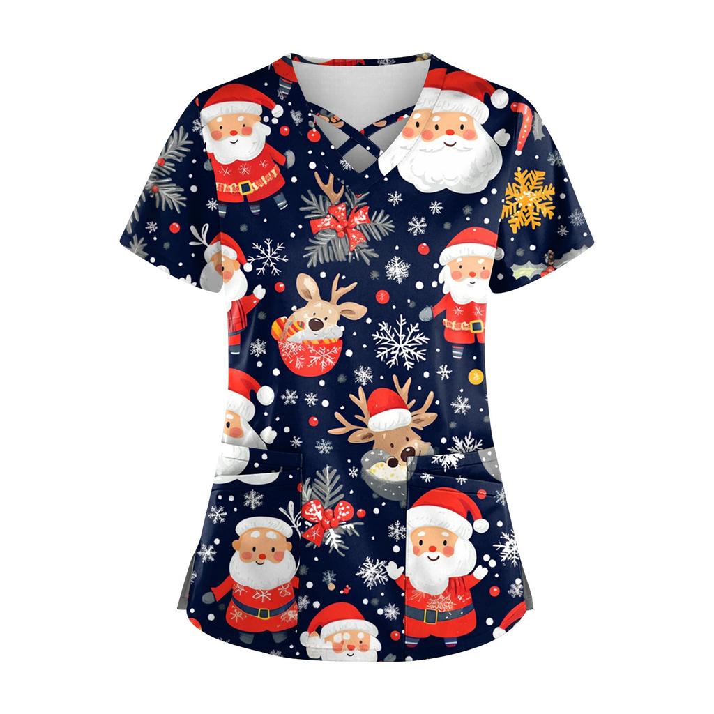 Women's Short Sleeve Stagger V Neck Christmas Print Pocket Dry-nurse Top