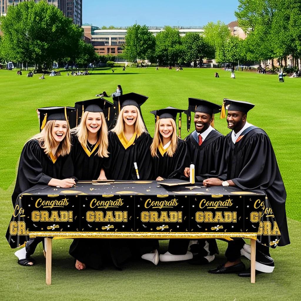 2025 Graduation Party Decorations - Black and Gold Tablecloth Plastic Disposable Table Cloth for Class of 2025 Party Favors Supplies, 2 Pack