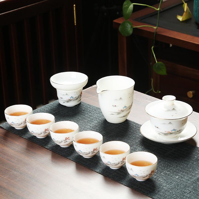 Good value goods suet jade porcelain kung fu tea set business merchandise gifts can be done
