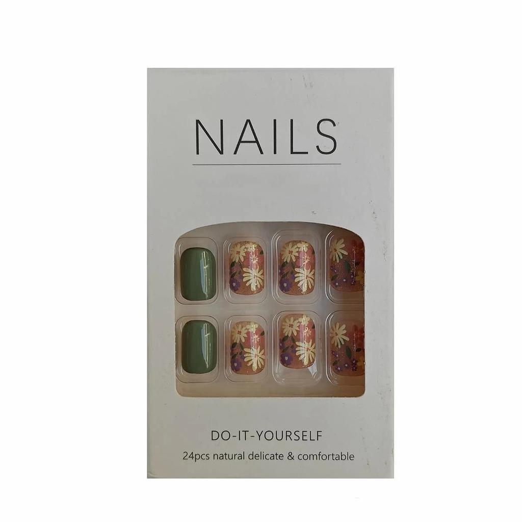 S.A.V.I 24 Pcs Short Natural Nude & Green Floral Press On Nails | Reusable DIY