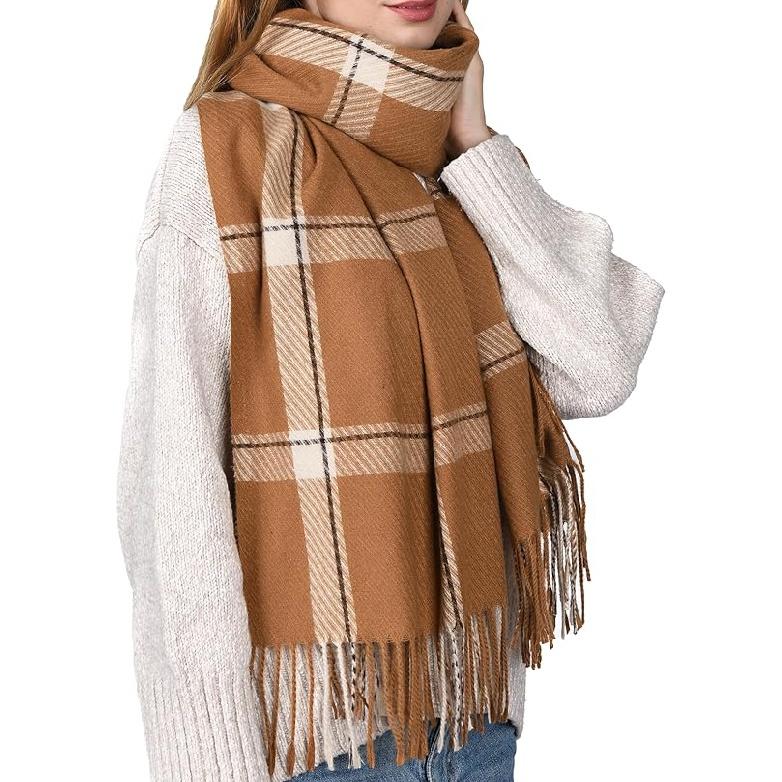 Winter Scarf for Women Shawl Cashmere Feel Tassel Plaid Large Oversized Scarves