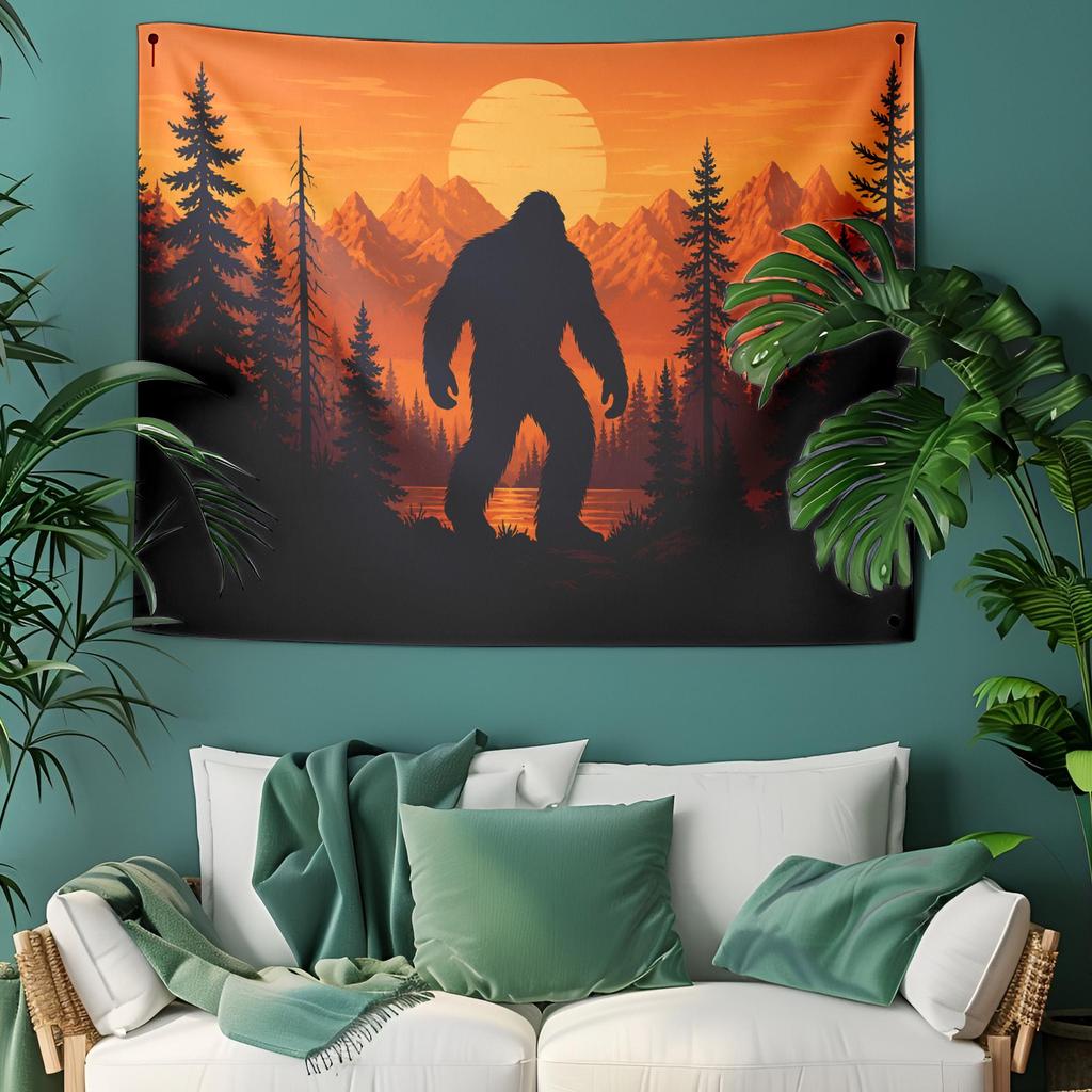 Bigfoot Forest Tapestry Sasquatch Sunset Wall Art Cryptid Mountain Landscape Wall Hanging Cabin Decor