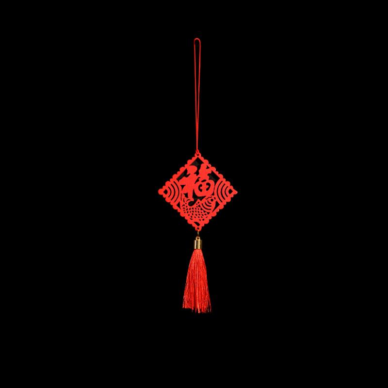 Year of the Horse Spring Festival Wooden Plant Tag with Green Plant and Fu Tassel Pendant