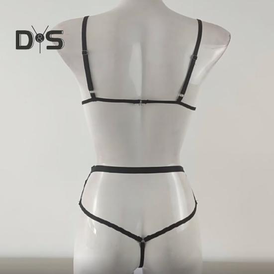 2 Pcs/Set Bra Panties Set Hollow Out Faux Leather Solid Color Wireless Unpadded Elastic Multi Straps Soft Lady Bra Panties Set Wedding Night Bedroom