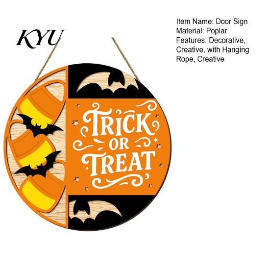Bat Silhouette Ornament Halloween Trick or Treat Wooden Door Sign, Retro Round Atmosphere Prop Hanging Plaque for Home Front Wall & Party Decoration