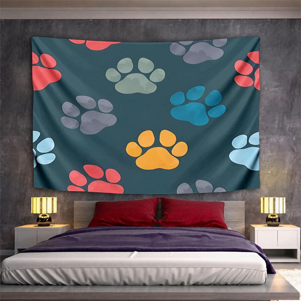 Colorful Paw Prints on Dark Background Pattern Wall Hanging Tapestry Decorative Tapestry Home Decor for Bedroom and Living Room