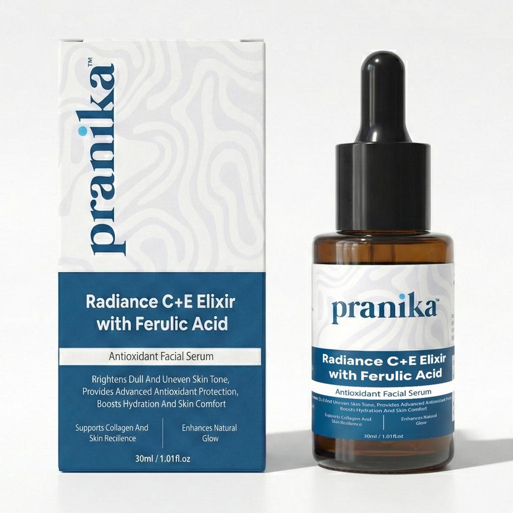 Pranika Сыворотка для лица Elixir Radiance C+E - Витамин C, Витамин E и Ферруловая кислота - Антиоксидантная формула для сияющей кожи и ровного тона - Увлажняющая Гиалуро