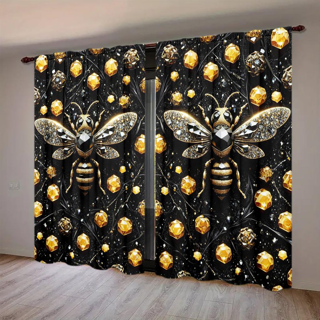 2pcs Luxurious Bee Gem Printed Curtain for Home Decor - Rod Pocket Window Treatment for Bedroom, Office, Kitchen, Living Room