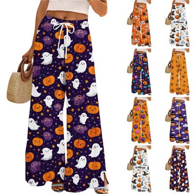 Женские свободные и повседневные брюки с широкими штанинами с принтом на Хэллоуин, эластичным поясом, кулиской и карманом