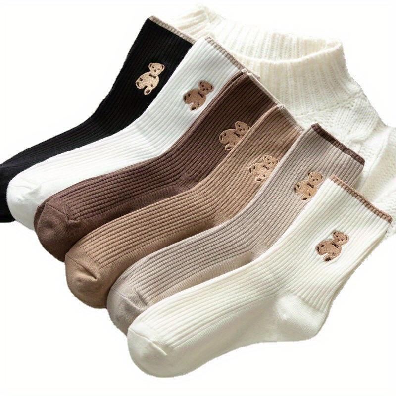 5 пар женских носков до середины икры - Милый мультяшный дизайн с медведем, Мягкий всесезонный комфорт, Кофейно-бежевый полосатый узор, Удобный материал носков