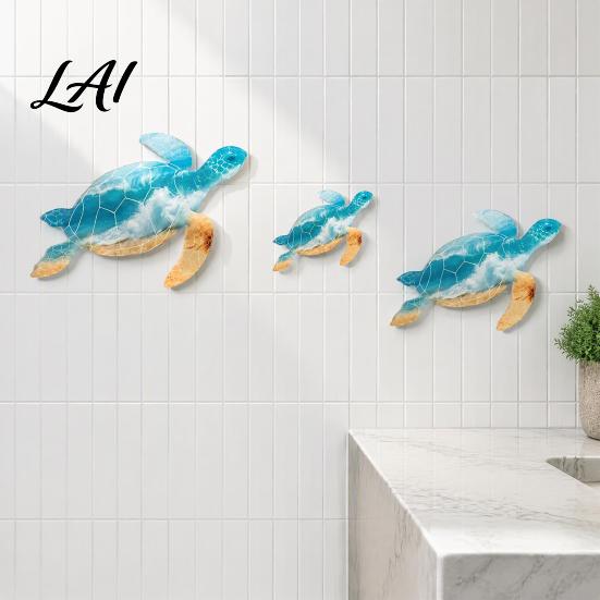 Tropical Wall Decorations 3Pcs Wooden Turtle Art Ocean Theme Hanging Ornaments for Bathroom Beach Style Living Room Bedroom Coastal with Traceless