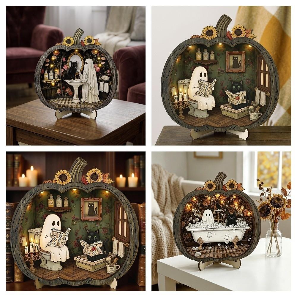 2D Flat Desktop Decoration Wooden Halloween Decorative Plate Funny Pumpkin Ornament Home