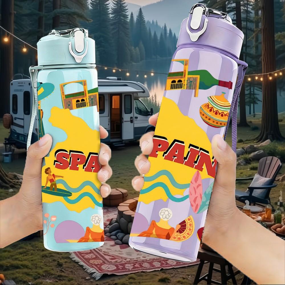 1PC Swan Lake Colorful Fairytale Doodle 750ml Color Plastic Sports Water Bottle Leakproof Flip Straw Lid Suitable for Sports Office Home Use