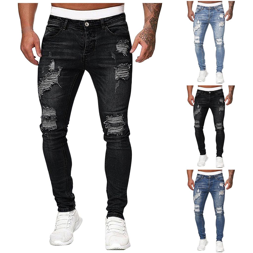 Men Jeans Solid Color Ripped Holes Frayed Gradient Washed Trousers