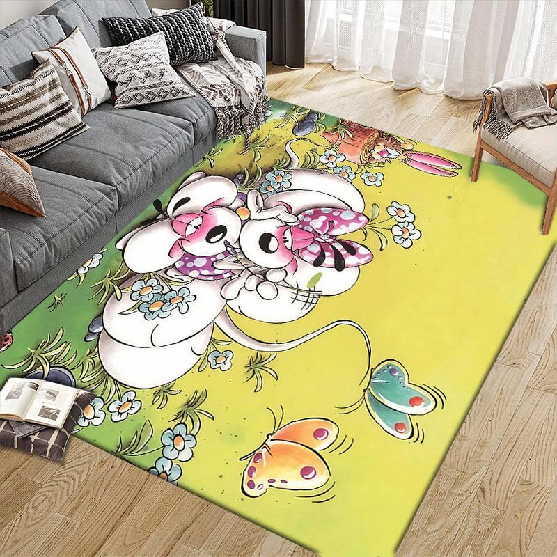 Diddl Cartoon Flannel Printed Carpet, Home Sofa Decoration for Living Room & Bedroom, Non‑Slip Play Flannel Floor Mat for Game Room