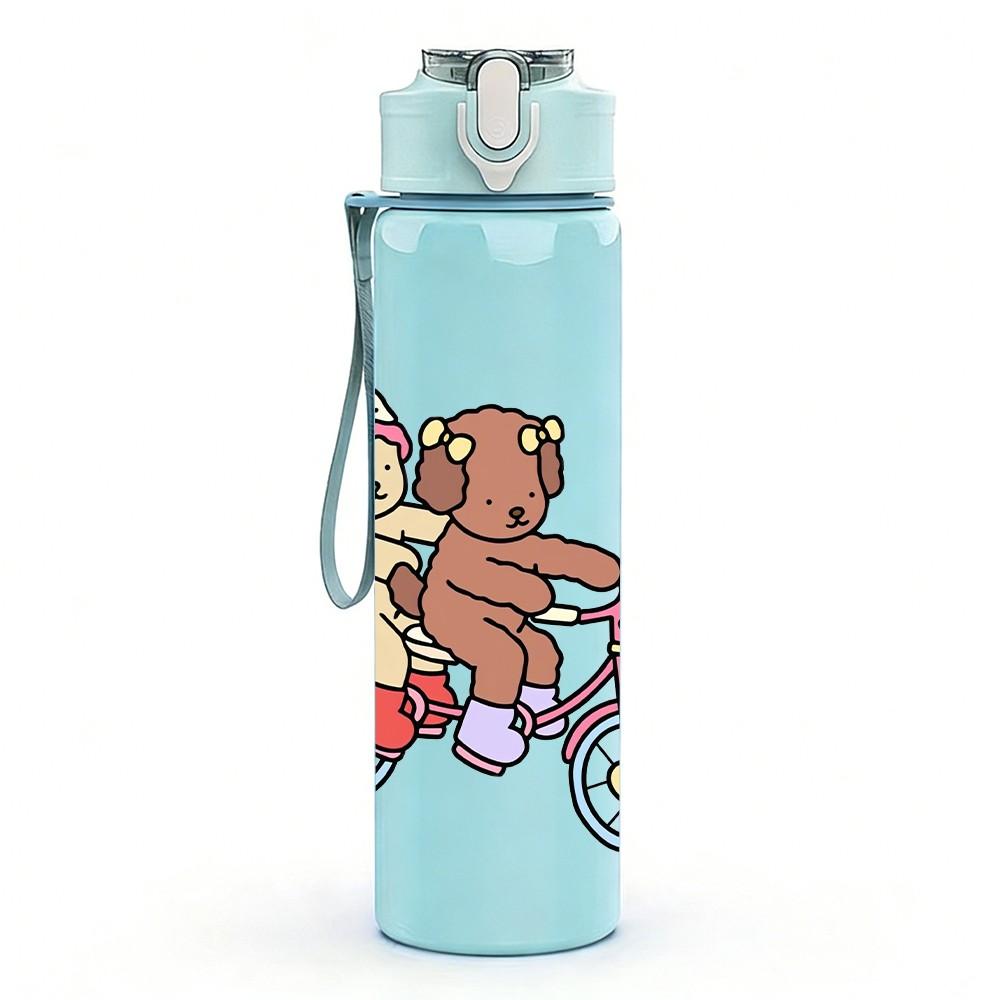 1PC Bear Couple Bike Cartoon 750ml Color Plastic Sports Water Bottle Leakproof Flip Straw Lid Suitable for Sports Office Home Use
