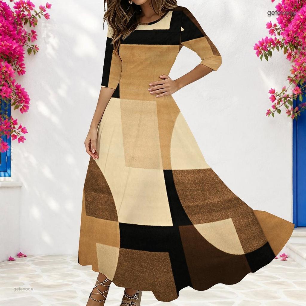 Women Plus Size Crew Neck 3 4 Sleeve Camouflage Print Black Gray White Maxi Dress With Pockets