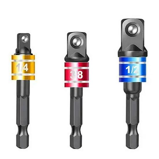Набор из 3 алюминиевых колец, стальных шариковых удлинителей, адаптеров для торцевых ключей с шестигранным хвостовиком на квадратную головку, 1/2", 3/8", 1/4".