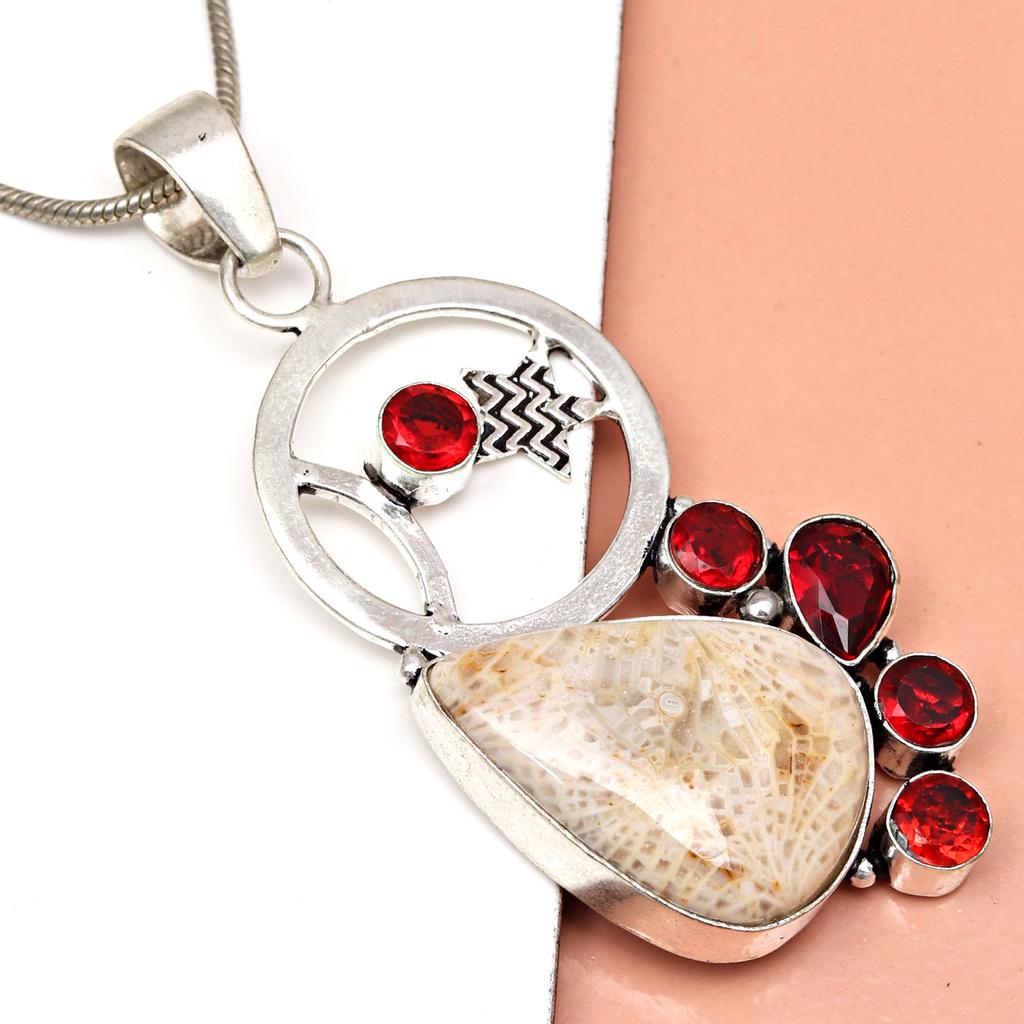 Fossil Coral Garnet Gemstone Mother's Day Silver Jewelry Pendant  2.75"