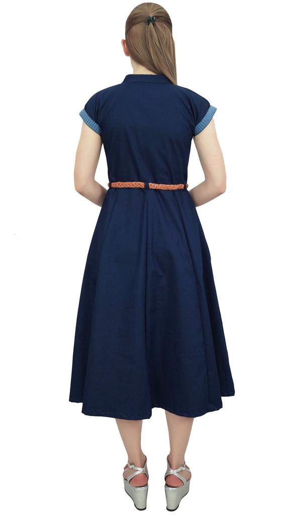 Bimba Navy Blue Women's Denim Solid Mid Calf A-Line Dress With Tie Waist Dori -