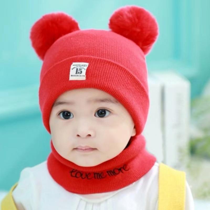 2 шт. Комплект детской шапки и манишки с мишкой Вязаная детская шапка и шарф Комплекты Эластичная шапка для малышей Шарфы Удобное ношение