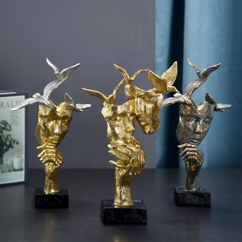 Европейская пара Золотая маска Украшения Silence Is Gold Смола Craft Офисный стол Шкаф Домашнее украшение