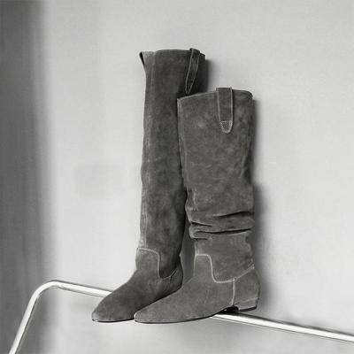 Европейская и американская версия~ ретро плоские сапоги женские мягкая кожа матовые широкое голенище плиссированные сапоги-чулки стройнящие универсальные сапоги-рыцари