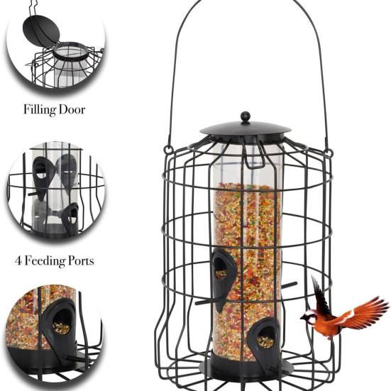 Squirrel Proof Caged Birds Feeder for Outdoor Hanging Metal Cage Seeds Tube Wild Birds Feeder with 4 Ports for Small Birds Goldfinches Chickadees