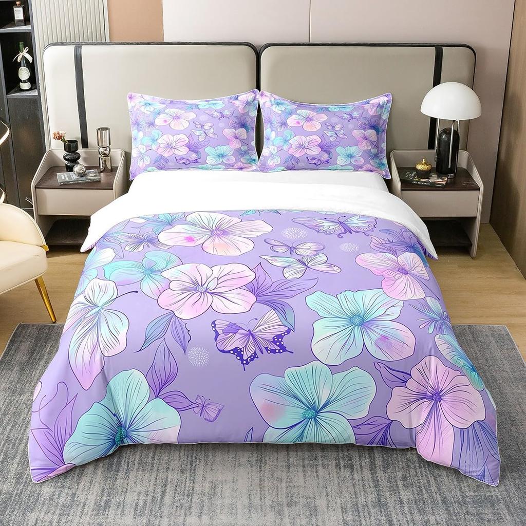 Butterfly Duvet Cover Queen King Size Flower Comforter Cover Set Butterflies Print Girl Butterfly Floral Bedding Set 3 Pcs