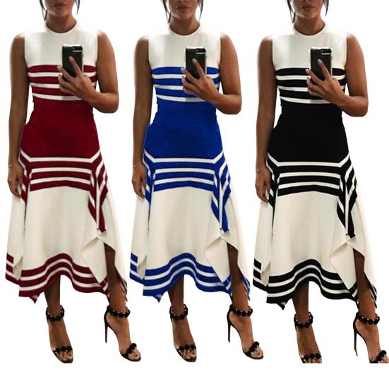 Женское платье макси без рукавов, летнее повседневное платье в полоску с высокой талией и круглым вырезом, струящееся длинное платье с разрезом и неровным подолом