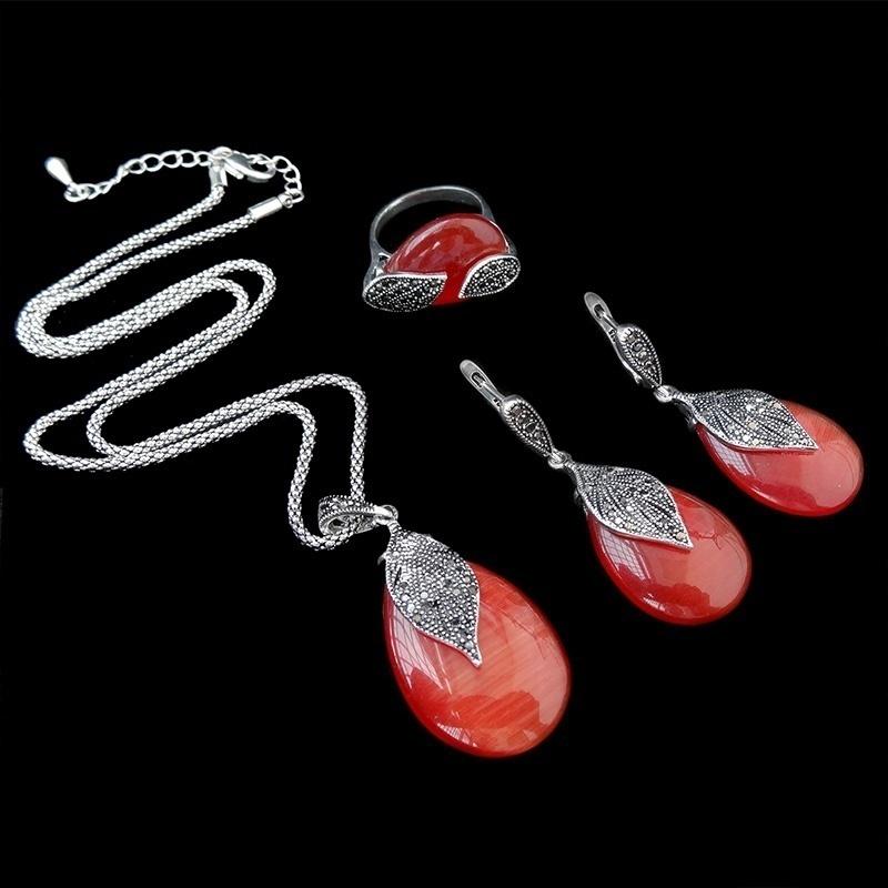 Vintage Women Jewelry Set Necklace Earring Ring Set Leaf Water Drop Necklace Earring Set Necklace Earring Ring Jewelry Sets Women Jewelry Sets