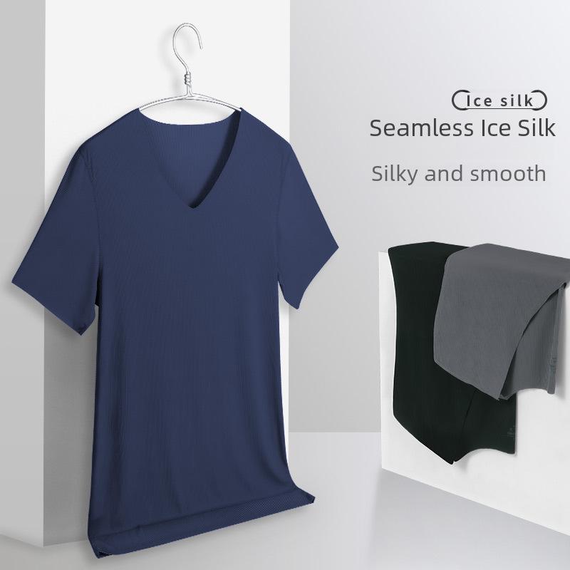 Мужская летняя футболка Ice Silk с V-образным вырезом – короткий рукав, однотонная, облегающий крой