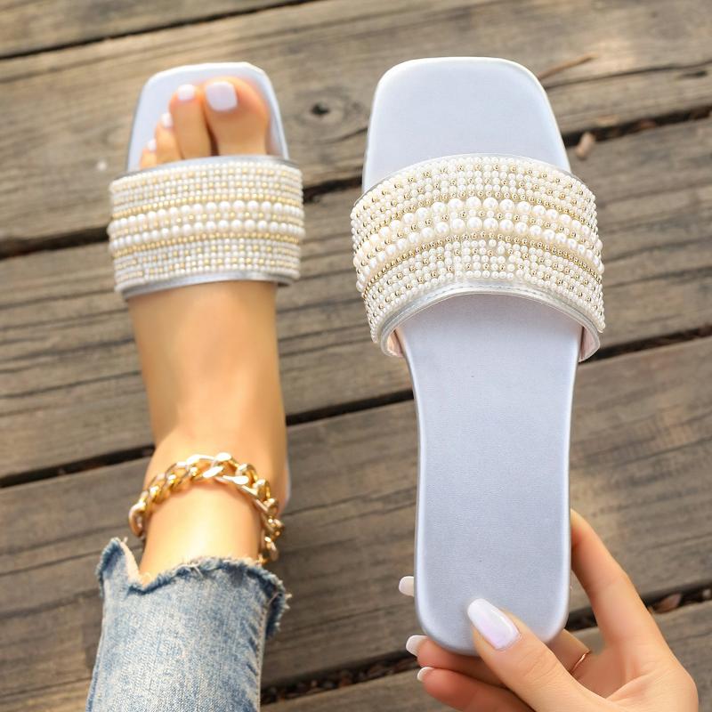 Fashion Women Luxury Pearl Slippers 2025 Summer Square Toe Flats Slides Sandals Woman Comfortable Non Slip Beach Flip Flops Big Size 43