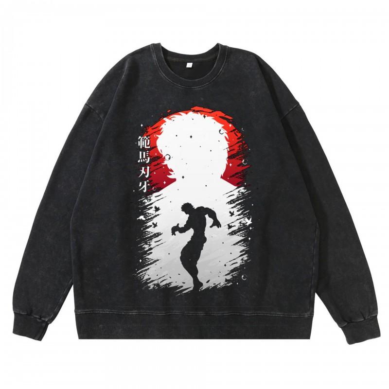Heavyweight 360g Washed Vintage Baki Hanma Anime Graphic Hoodie-Free Cotton Sweatshirt Men