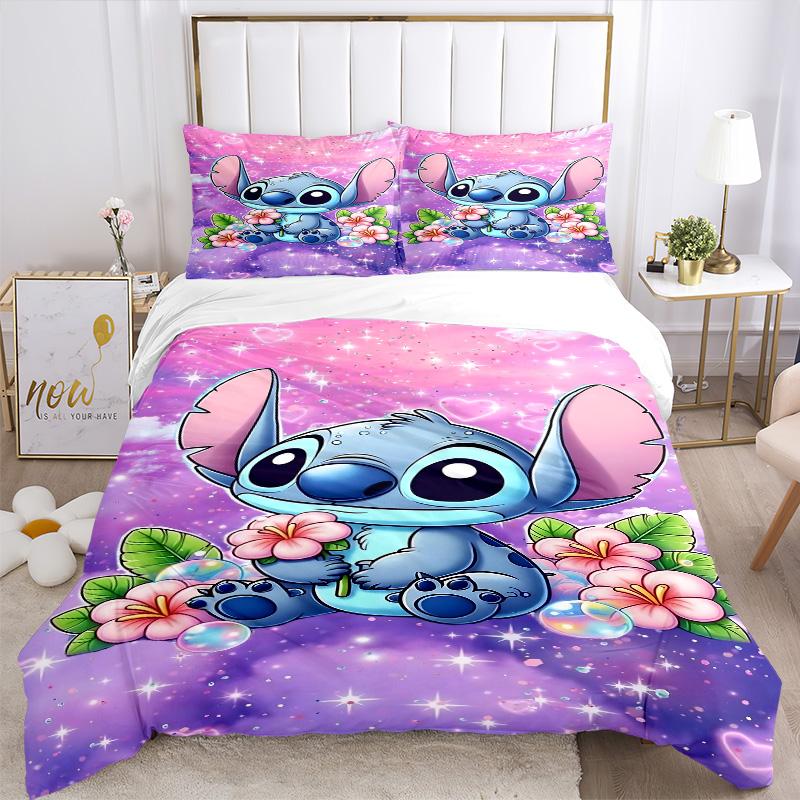 Stitch'S Magical Flowers Print 3Pcs Bedding Setduvet Cover With 2 Bedropillowcase Home Birthday Gift