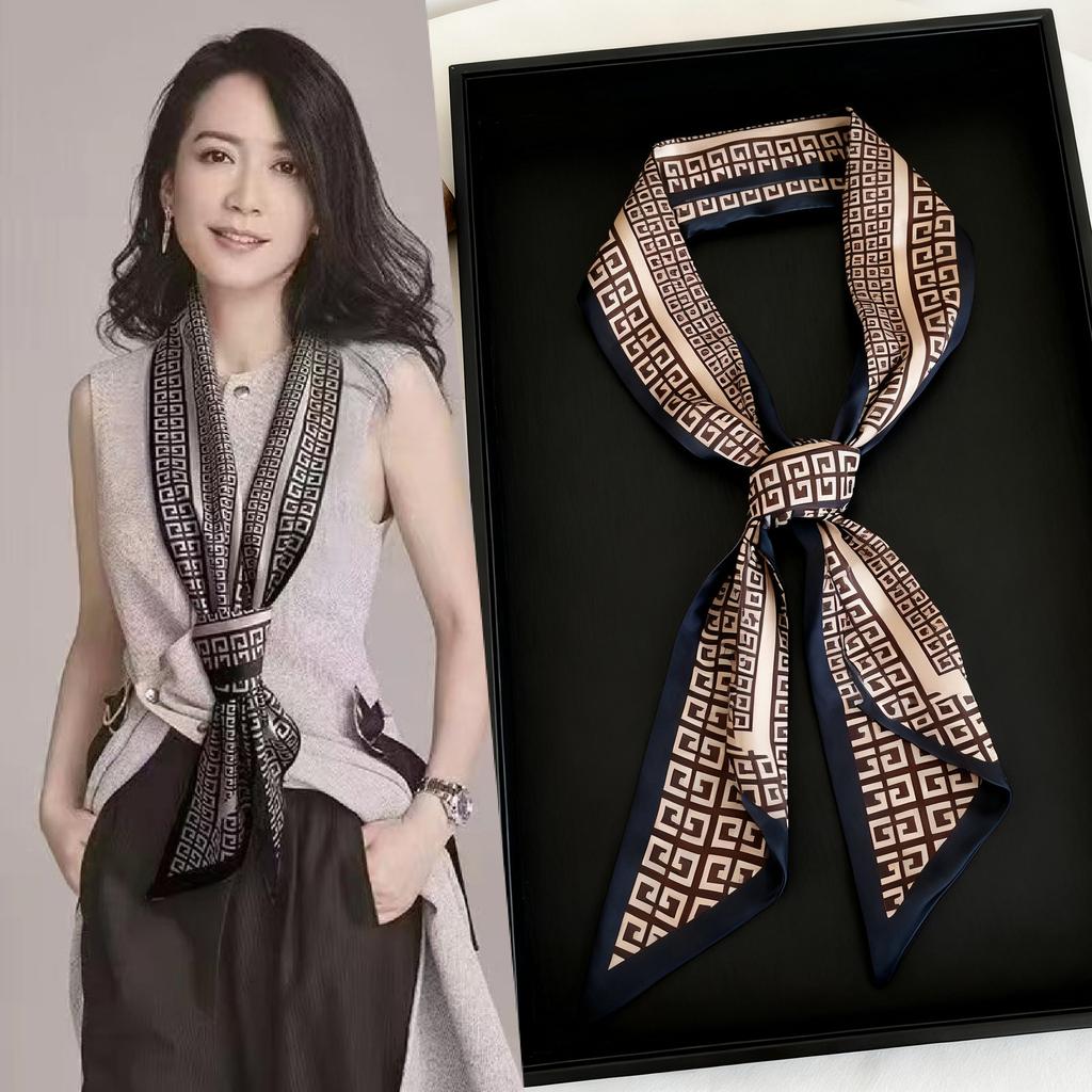 Hangzhou silk simulation silk texture double-layer printing long silk scarf spring and autumn matching scarf can be tied waist decorative streamer