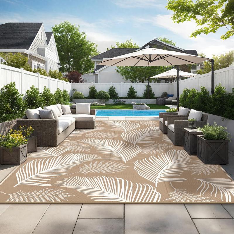 Tropical Palm Leaf Outdoor Rug Non Slip Waterproof Floor Mat for Terrace Balcony Poolside Camping Living Room Home Decor