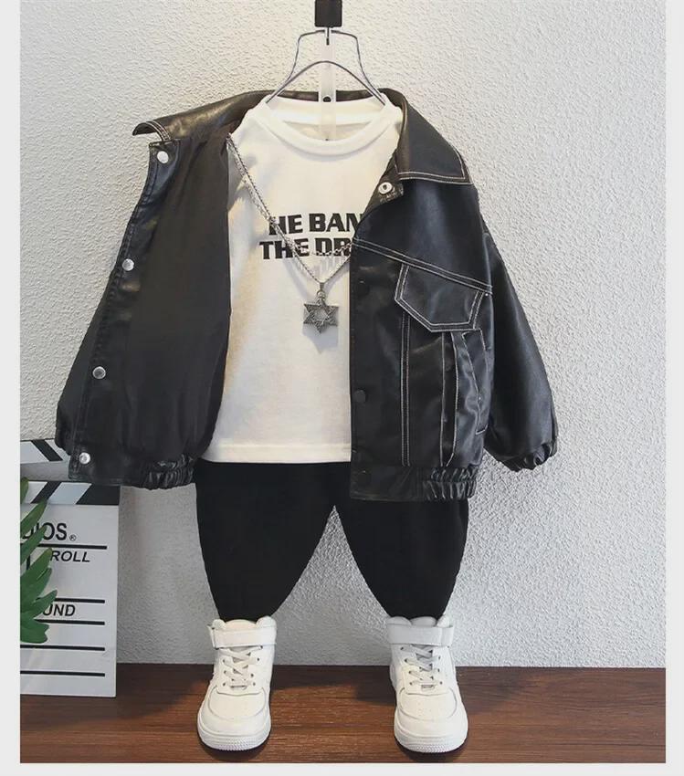 Kids' Stitch Leather Jacket - 2023 Korean Style Spring/Autumn Trendy Boys' Cool Jacket