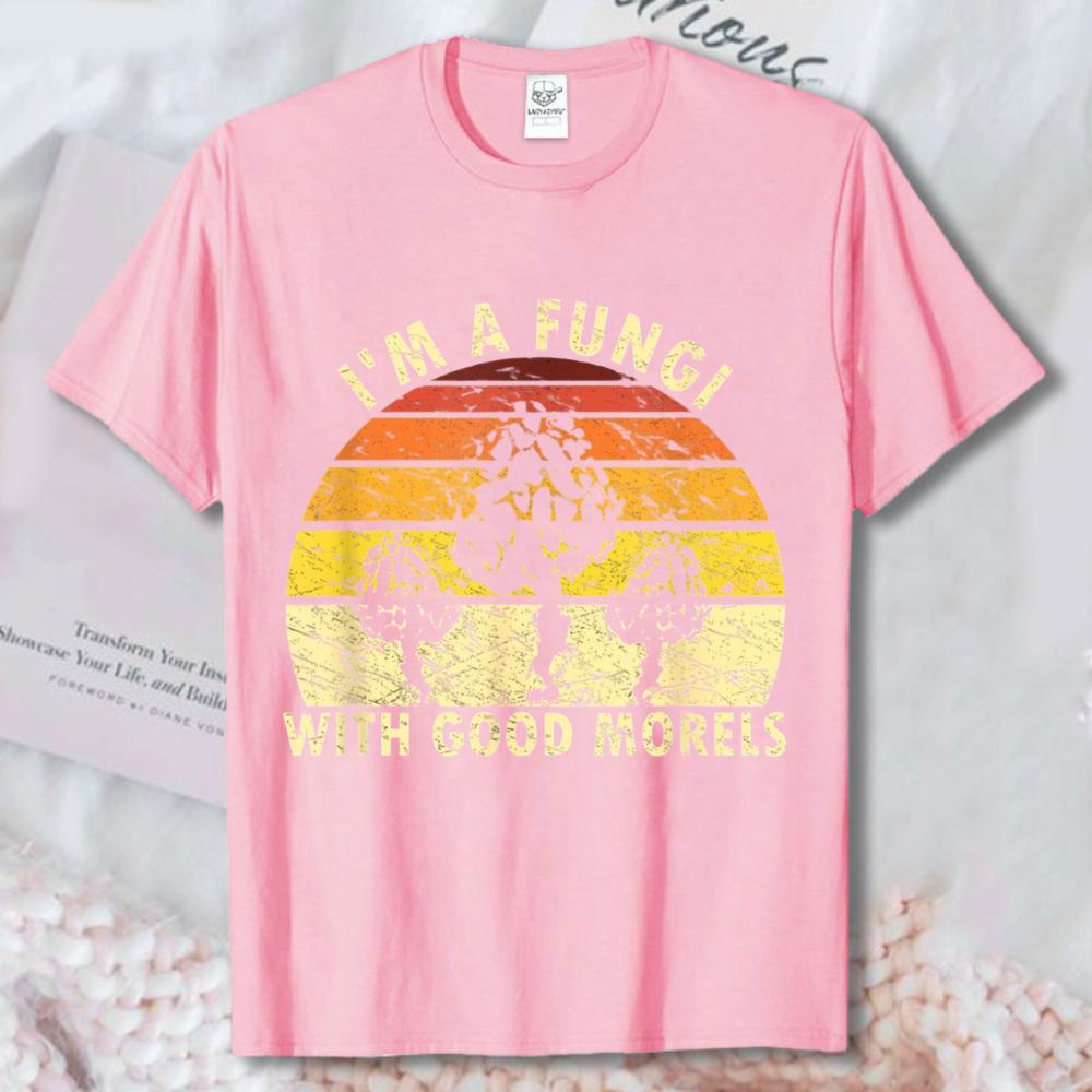 Im A Fungi With Good Morels Retro Sunset Cotton Tee Funny Forager Dad Graphic Short Sleeve Summer Tops Unisex Mushroom TShirt