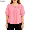 ZANZEA Женская повседневная летняя блузка с круглым вырезом и коротким рукавом