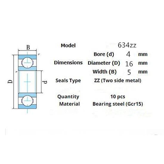 Подшипник 10 шт. 634ZZ 4*16*5(мм)