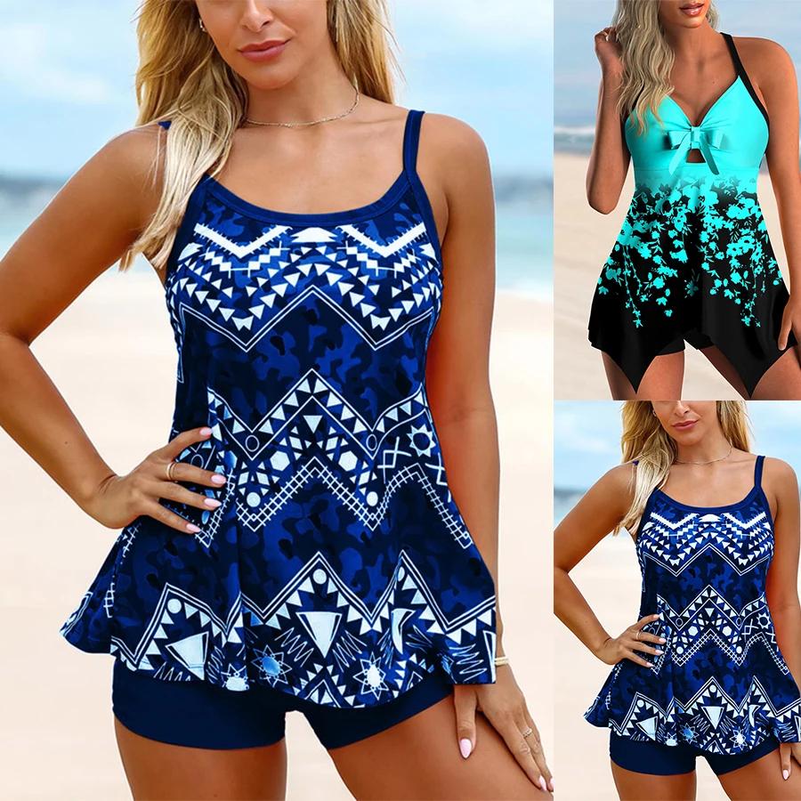 Summer Fashion Design Women's Bikini Two Piece Set with Graphic Printing Swimwear Lace Up Tank Top Sports Beach Wear S-6XL