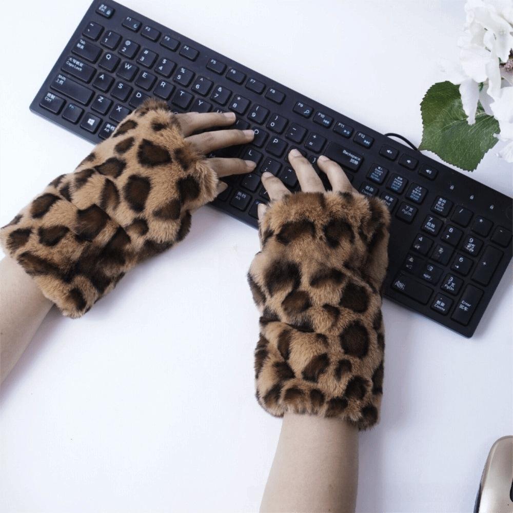 Fleece Lined Half Finger Mittens Elastic Cuff Faux Fur Hand Warmer Office Typing