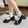 Bow with Skirt Thick-soled Round Head Single Shoes Korean Version of Fashion Love Word with Thick Heel Mary Jane 2025 New